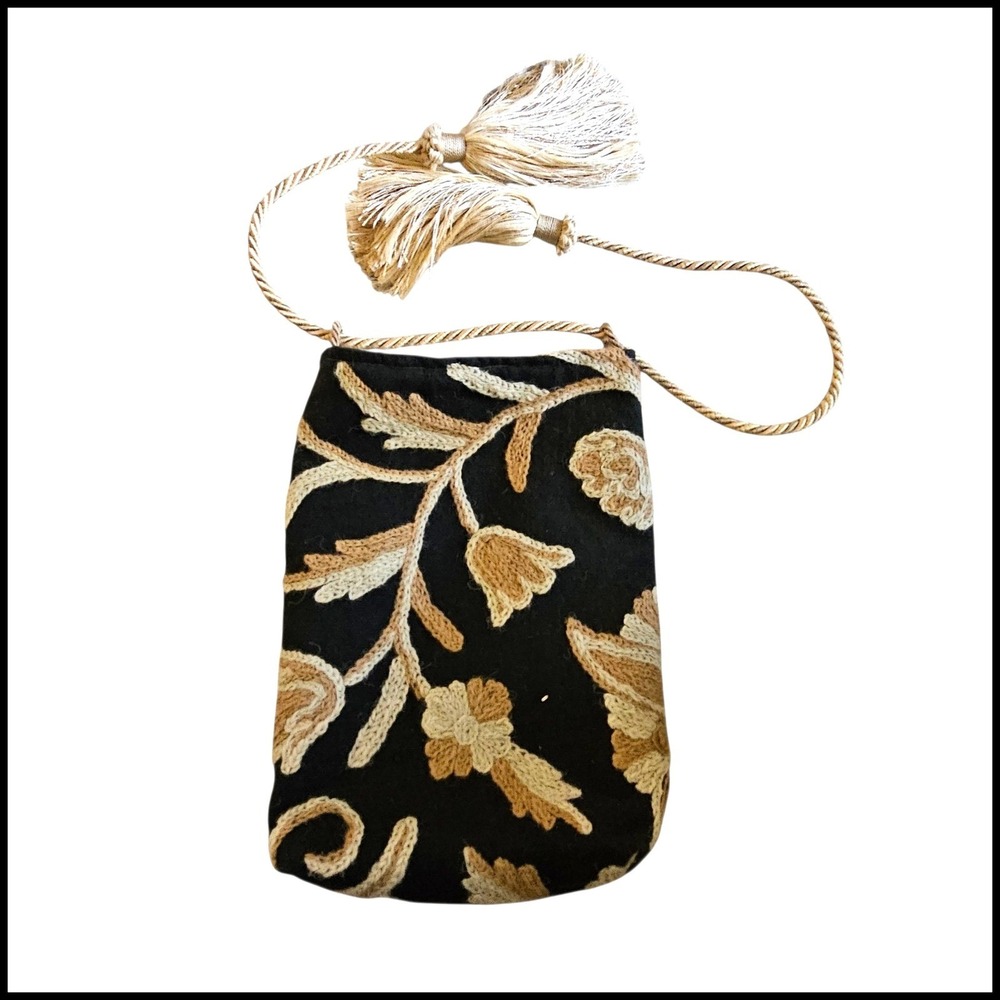 Joyce Holly Signed Black Floral Embroidered Tassel Drawstring Shoulder Bag Purse